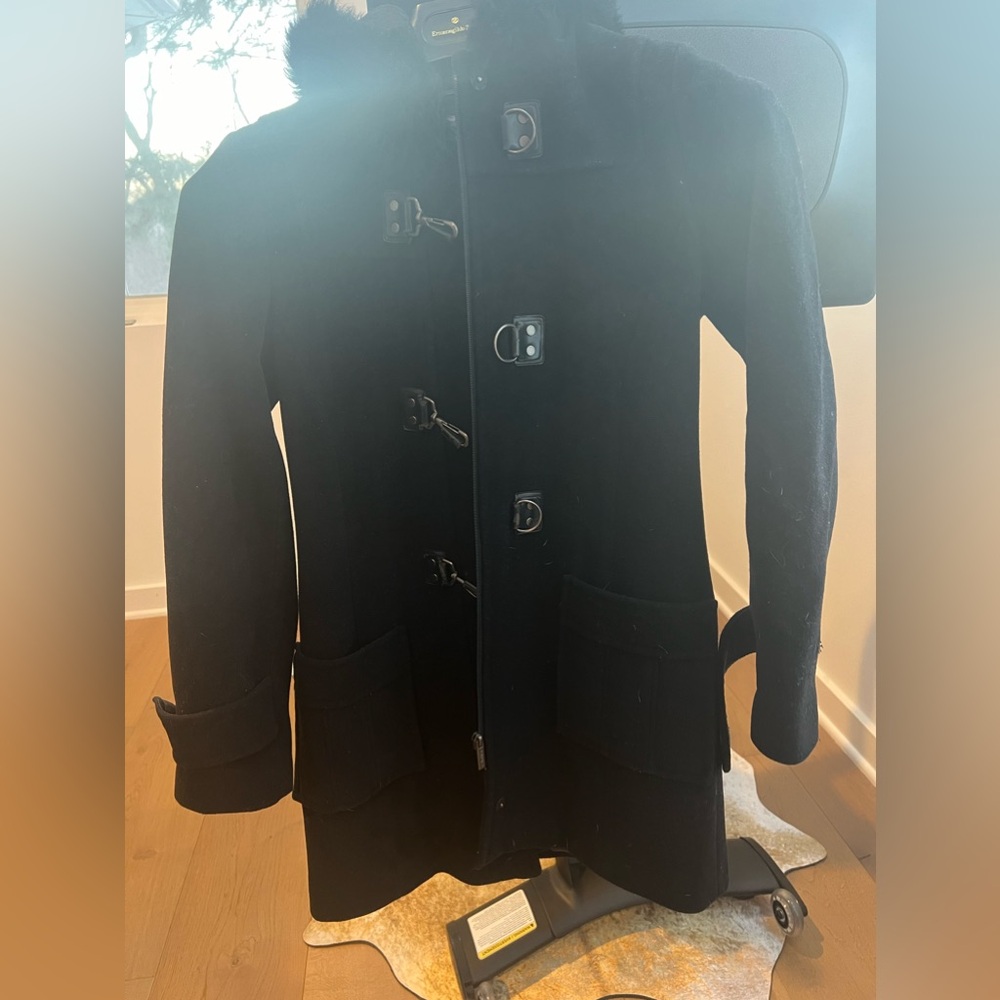 Calvin Klein black winter coat . With  furry hoodie .